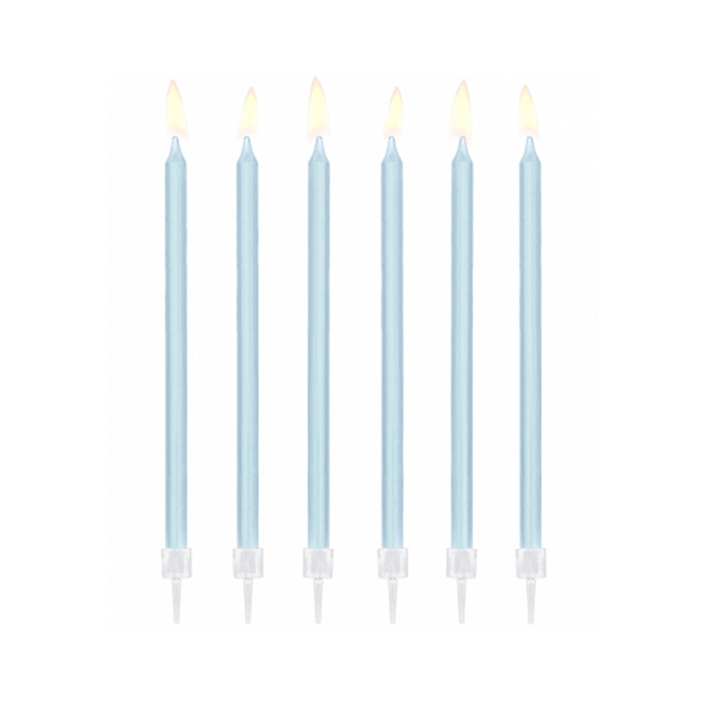 12 Kuchenkerzen XL mit Halterung - Babyblau